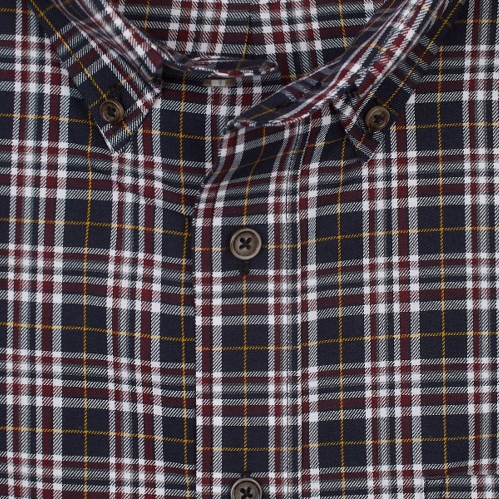 Black, Burgundy, and Gold Plaid Cotton and Wool Blend Button-Down Shirt by Viyella