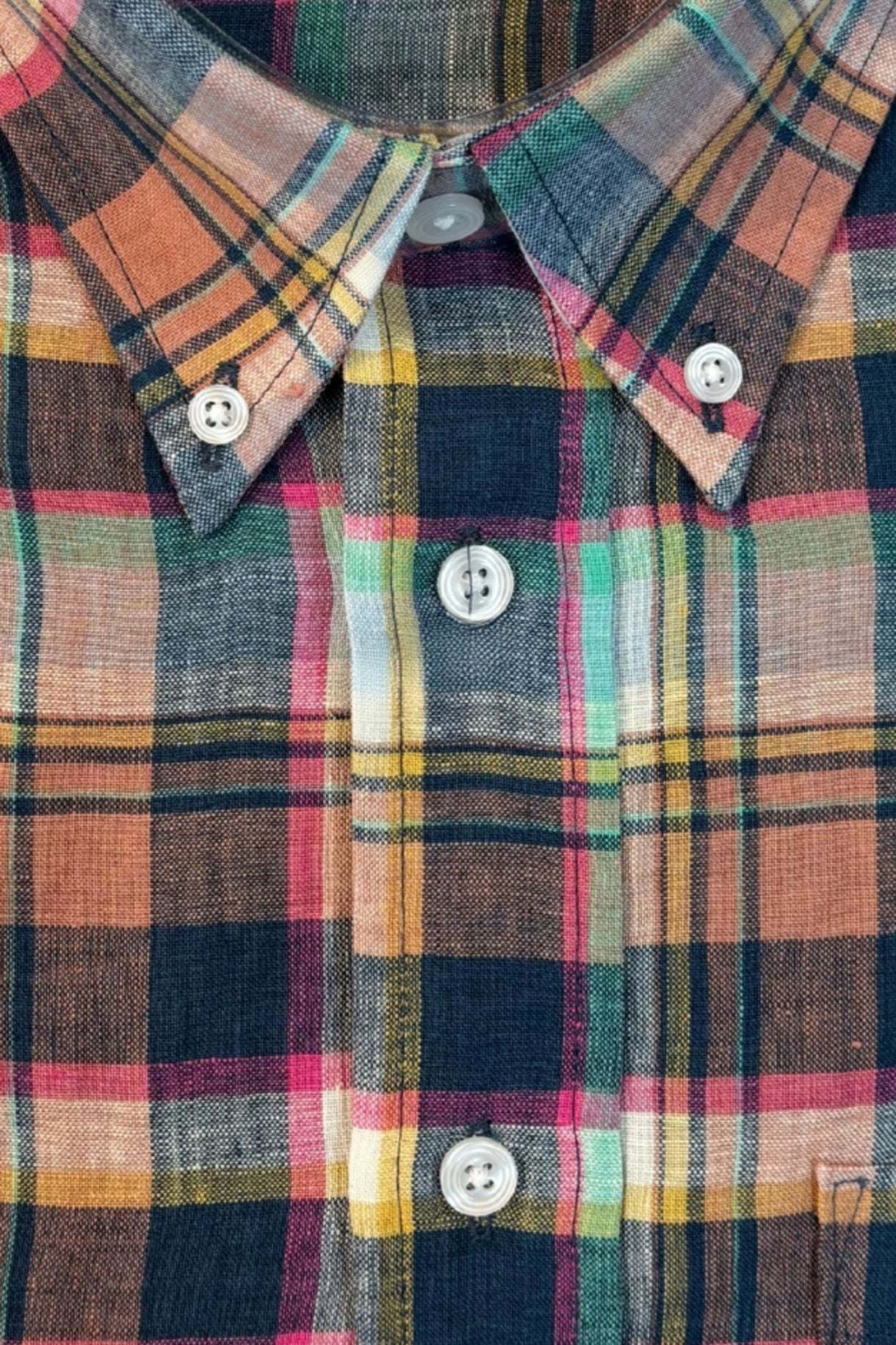 Navy and Orange Multi Plaid Linen Short Sleeve Sport Shirt by Viyella
