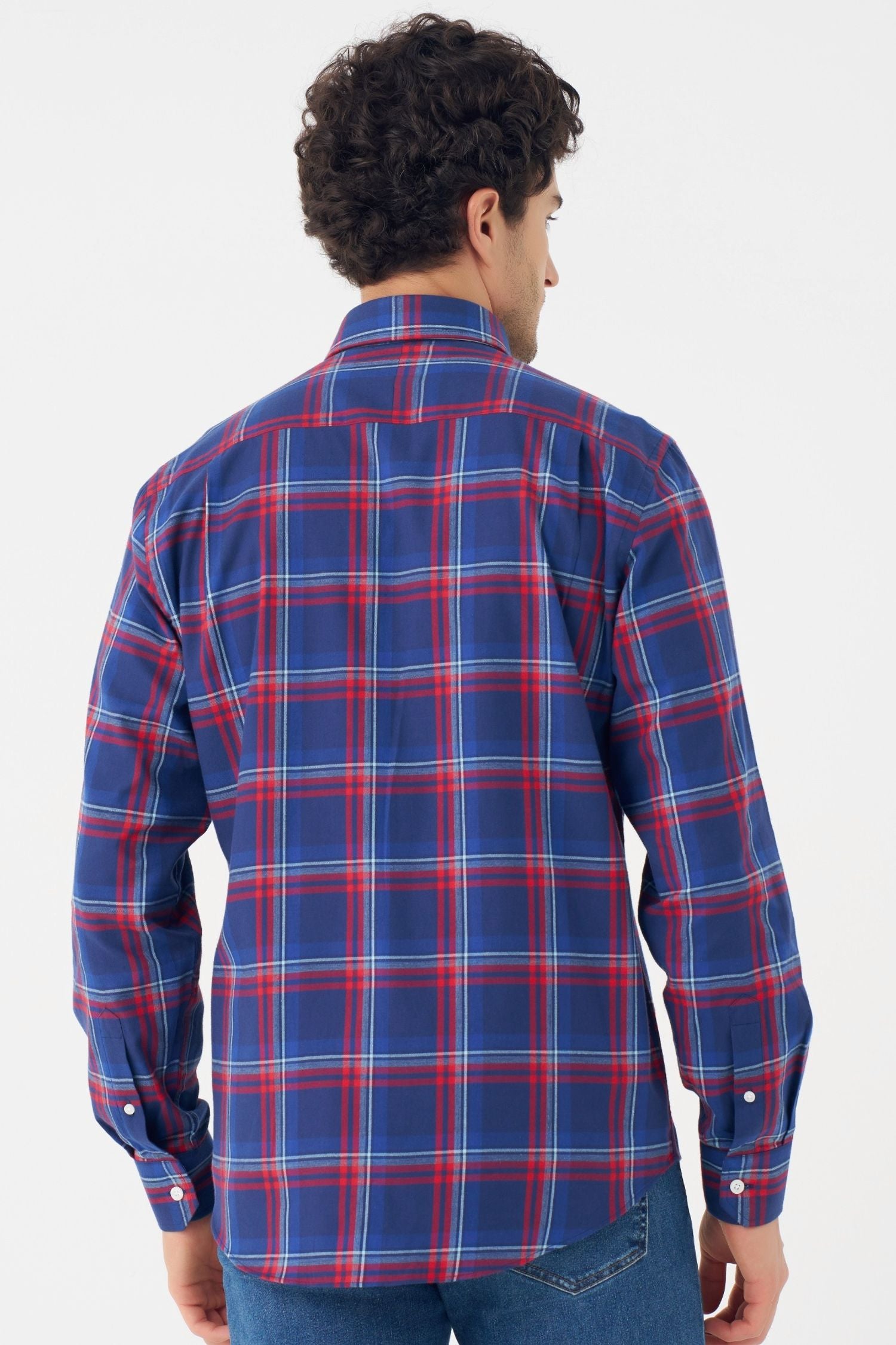 Navy and Red Plaid Cotton Sport Shirt with Button Down Collar by Leo Chevalier