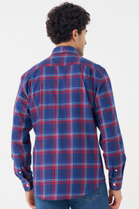 Navy and Red Plaid Cotton Sport Shirt with Button Down Collar by Leo Chevalier