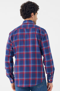 Navy and Red Plaid Cotton Sport Shirt with Button Down Collar by Leo Chevalier