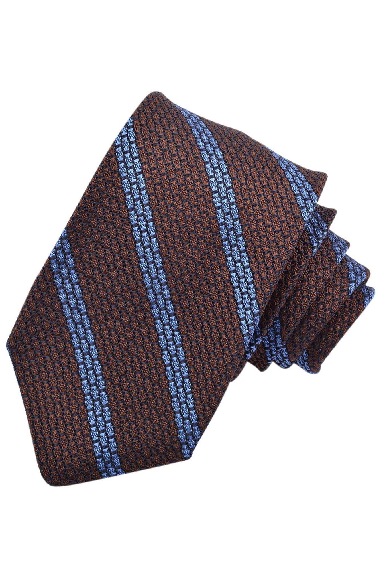 Mocha and French Blue Repp Bar Stripe Italian Garza Grossa Grenadine Silk Tie by Dion Neckwear
