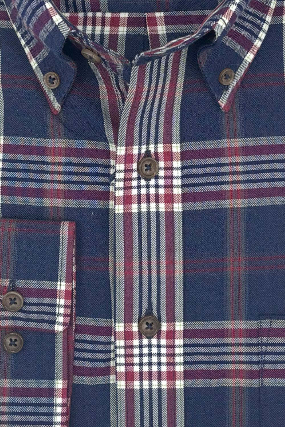 Navy, Charcoal, and Red Herringbone Plaid Cotton and Wool Blend Button-Down Shirt by Viyella