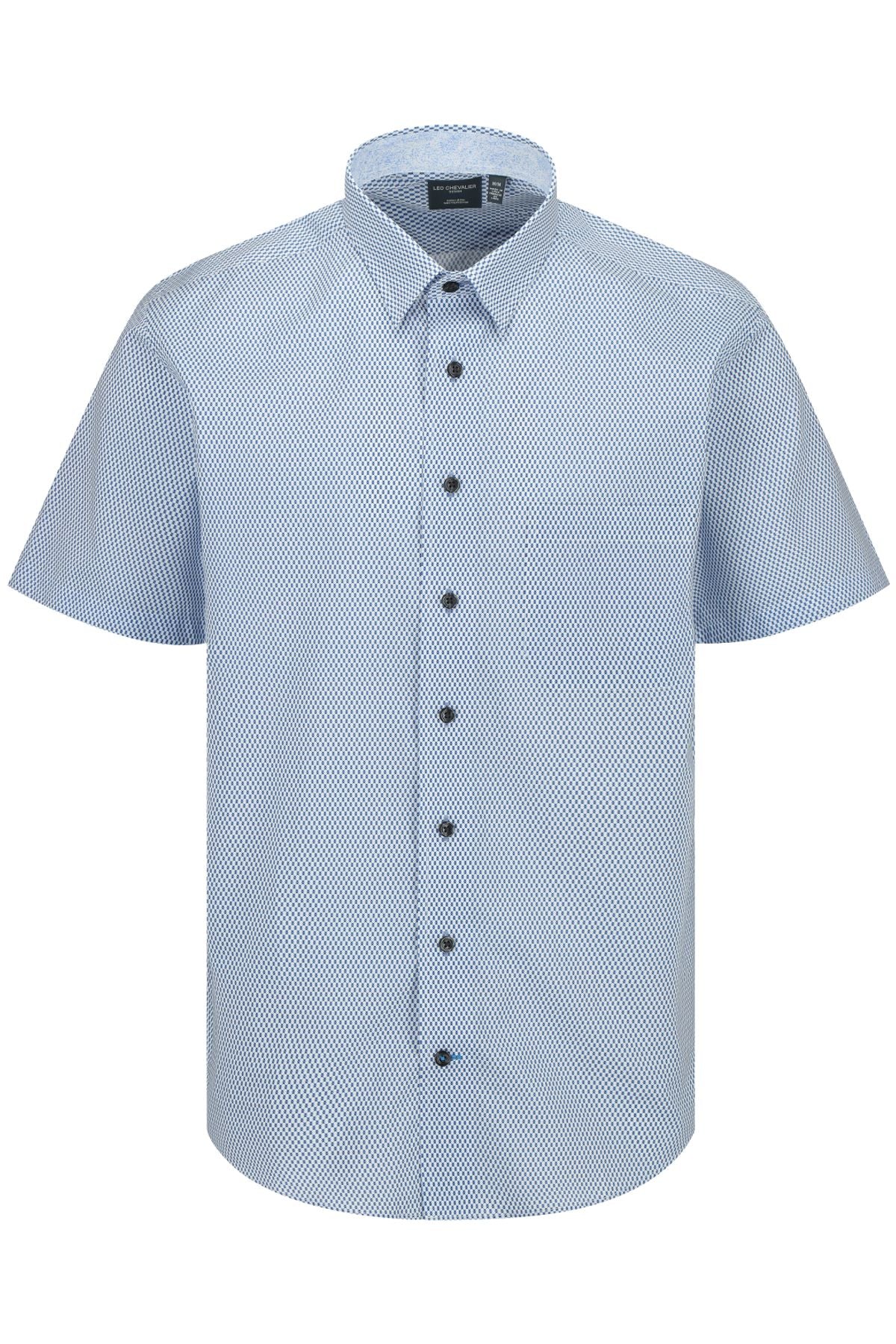 Blue and White Micro Geometric Print Short Sleeve No-Iron Cotton Sport Shirt with Hidden Button Down Collar by Leo Chevalier