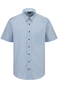 Blue and White Micro Geometric Print Short Sleeve No-Iron Cotton Sport Shirt with Hidden Button Down Collar by Leo Chevalier