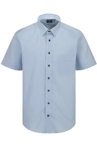 Blue and White Micro Geometric Print Short Sleeve No-Iron Cotton Sport Shirt with Hidden Button Down Collar by Leo Chevalier