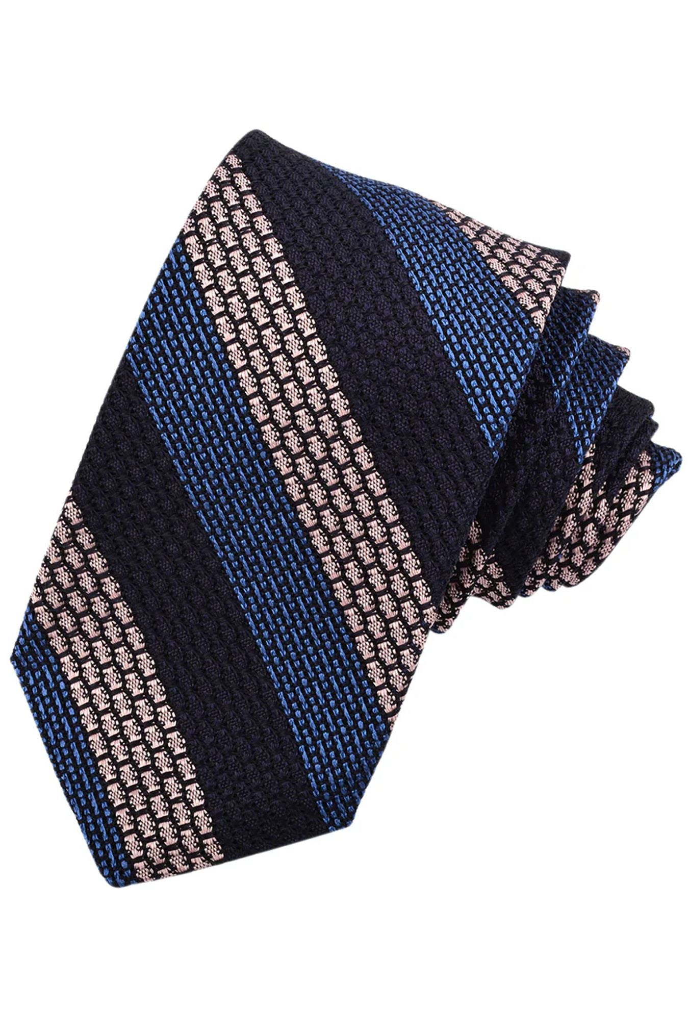 Blush, French Blue, and Navy Multi Texture Double Bar Stripe Italian Garza Grossa Grenadine Silk Tie by Dion Neckwear