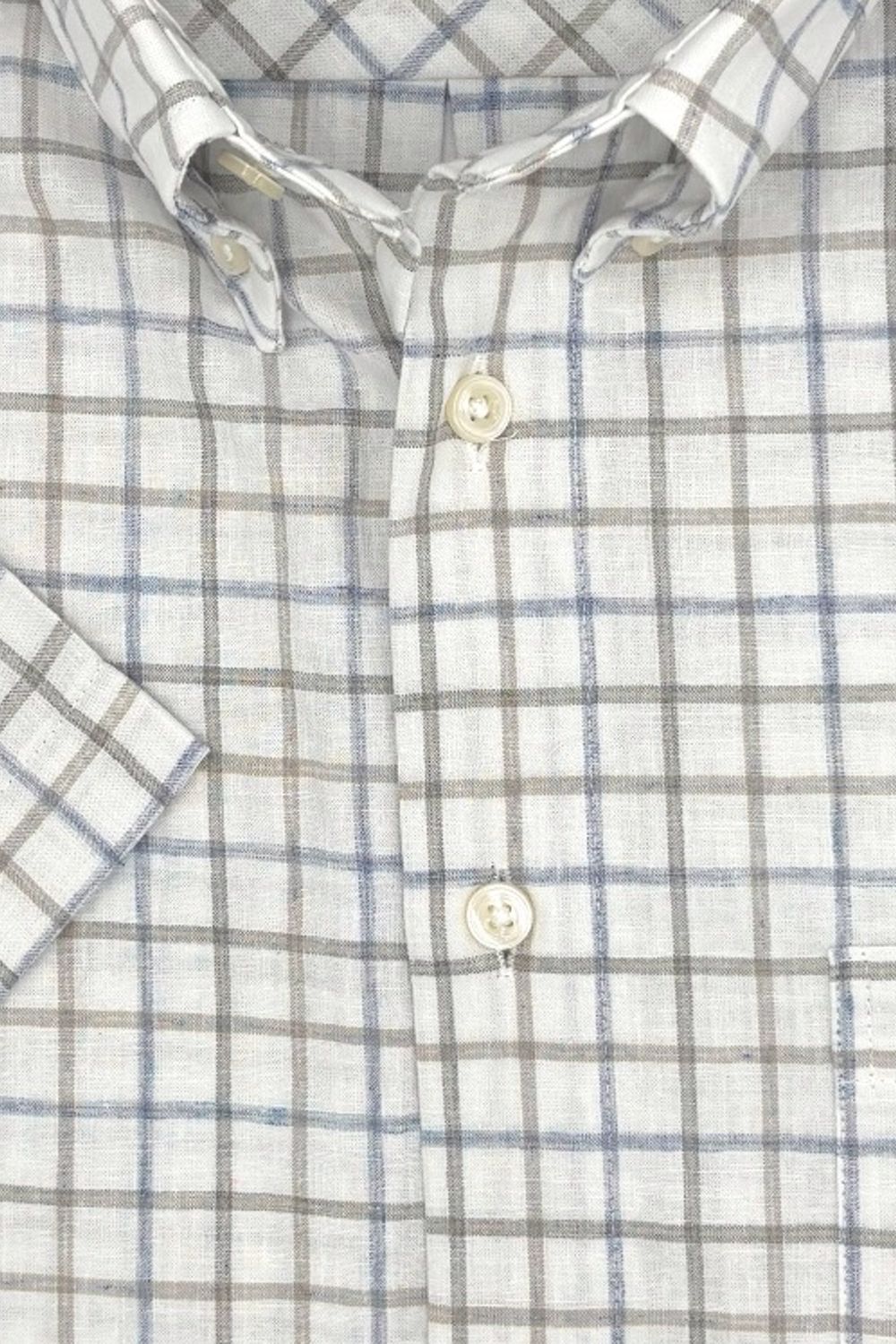Blue, Taupe, and Natural Check Cotton and Linen Short Sleeve Sport Shirt by Viyella