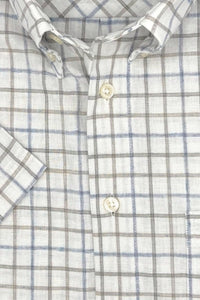 Blue, Taupe, and Natural Check Cotton and Linen Short Sleeve Sport Shirt by Viyella