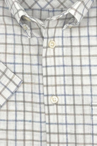 Blue, Taupe, and Natural Check Cotton and Linen Short Sleeve Sport Shirt by Viyella