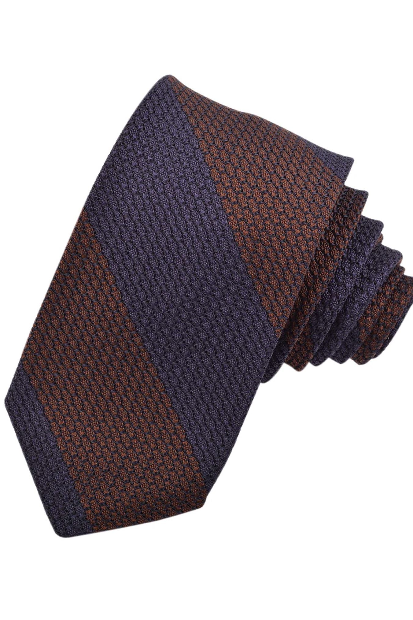 Mocha and Navy Wide Bar Stripe Italian Garza Grossa Grenadine Silk Tie by Dion Neckwear