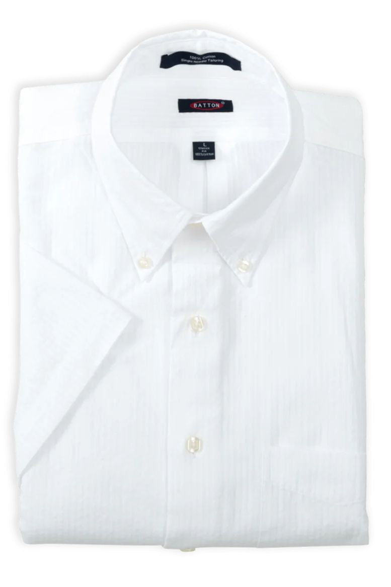 'Ryker' White Cotton Seersucker Short Sleeve Sport Shirt by Batton