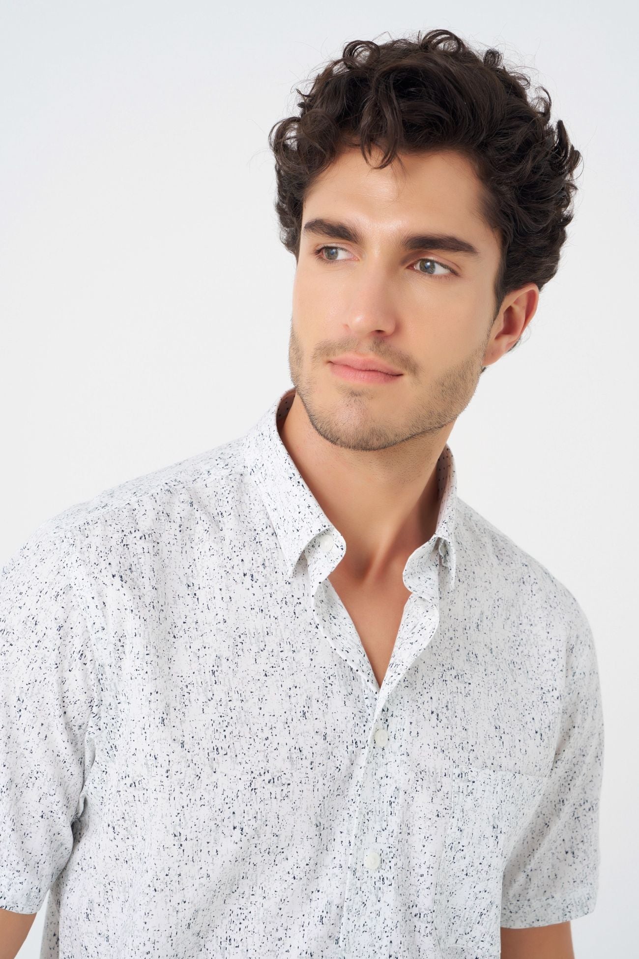 Grey and White Abstract Print Short Sleeve No-Iron Cotton Sport Shirt with Hidden Button Down Collar by Leo Chevalier