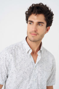 Grey and White Abstract Print Short Sleeve No-Iron Cotton Sport Shirt with Hidden Button Down Collar by Leo Chevalier