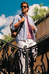 Italian Seersucker Stripe Long Sleeve Sport Shirt in Blue by Borgo28