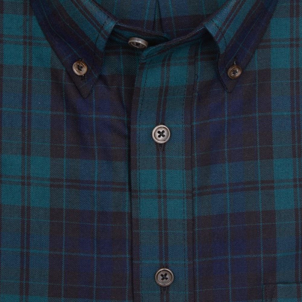 Navy and Green Plaid Cotton and Wool Blend Button-Down Shirt by Viyella