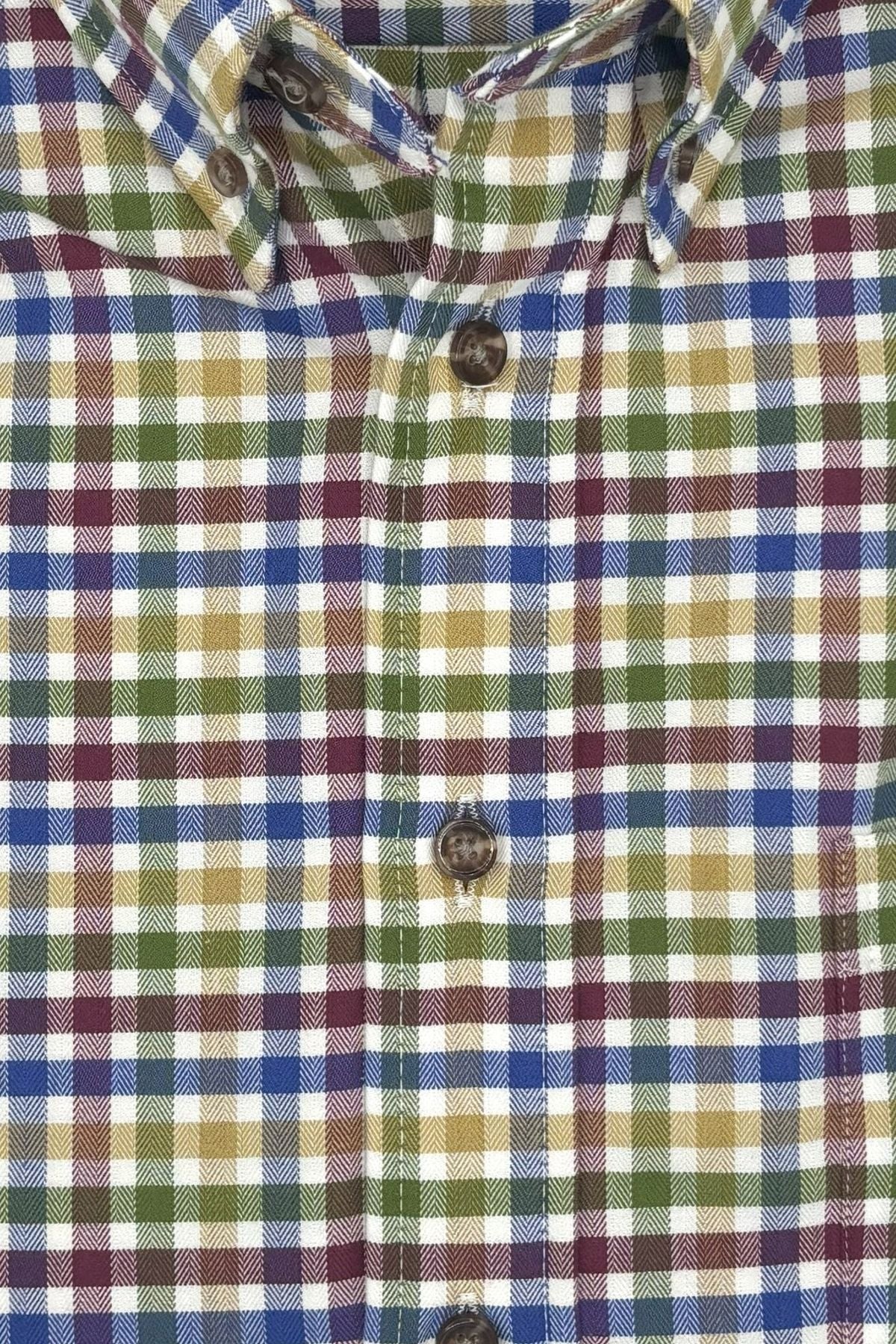 Olive, Blue, and Burgundy Herringbone Multi Plaid Cotton and Cashmere Blend '1894 Authentics' Button-Down Shirt by Viyella