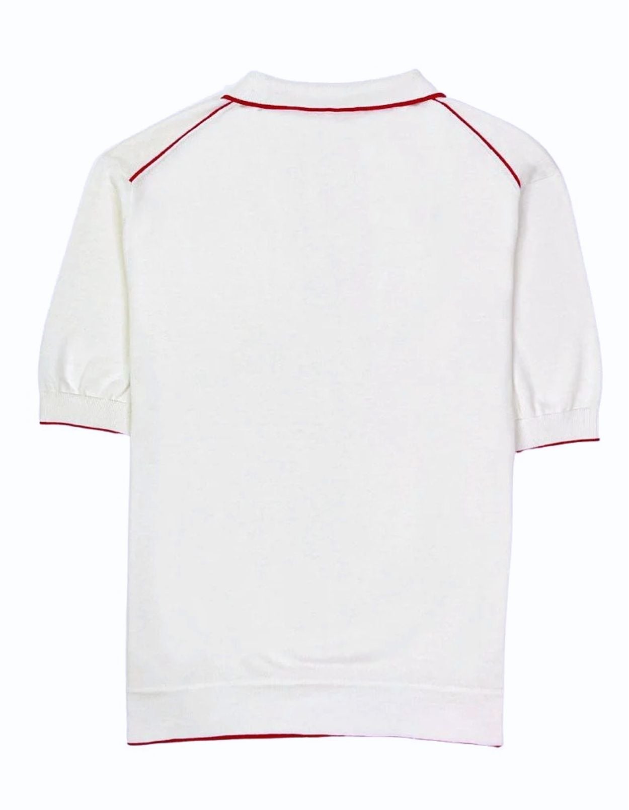 St. Gabriel Double Jersey Knit Silk and Cotton Button-Neck Polo in Off White with Red Trim by Deletto Italy