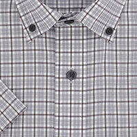 Grey Plaid Short Sleeve No-Iron Cotton Sport Shirt with Button Down Collar by Leo Chevalier