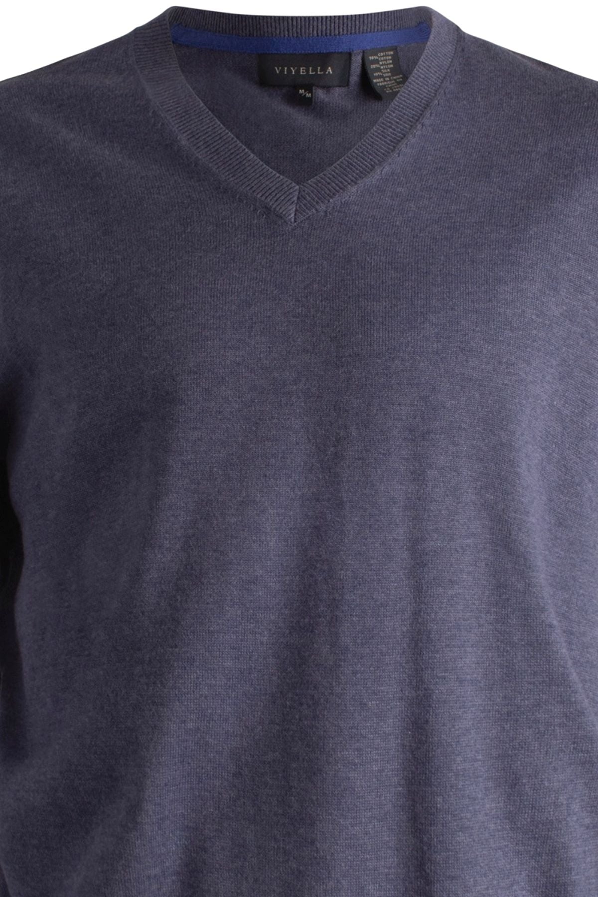 Cotton and Silk Blend Elbow Patch V-Neck Sweater in Steel Blue by Viyella