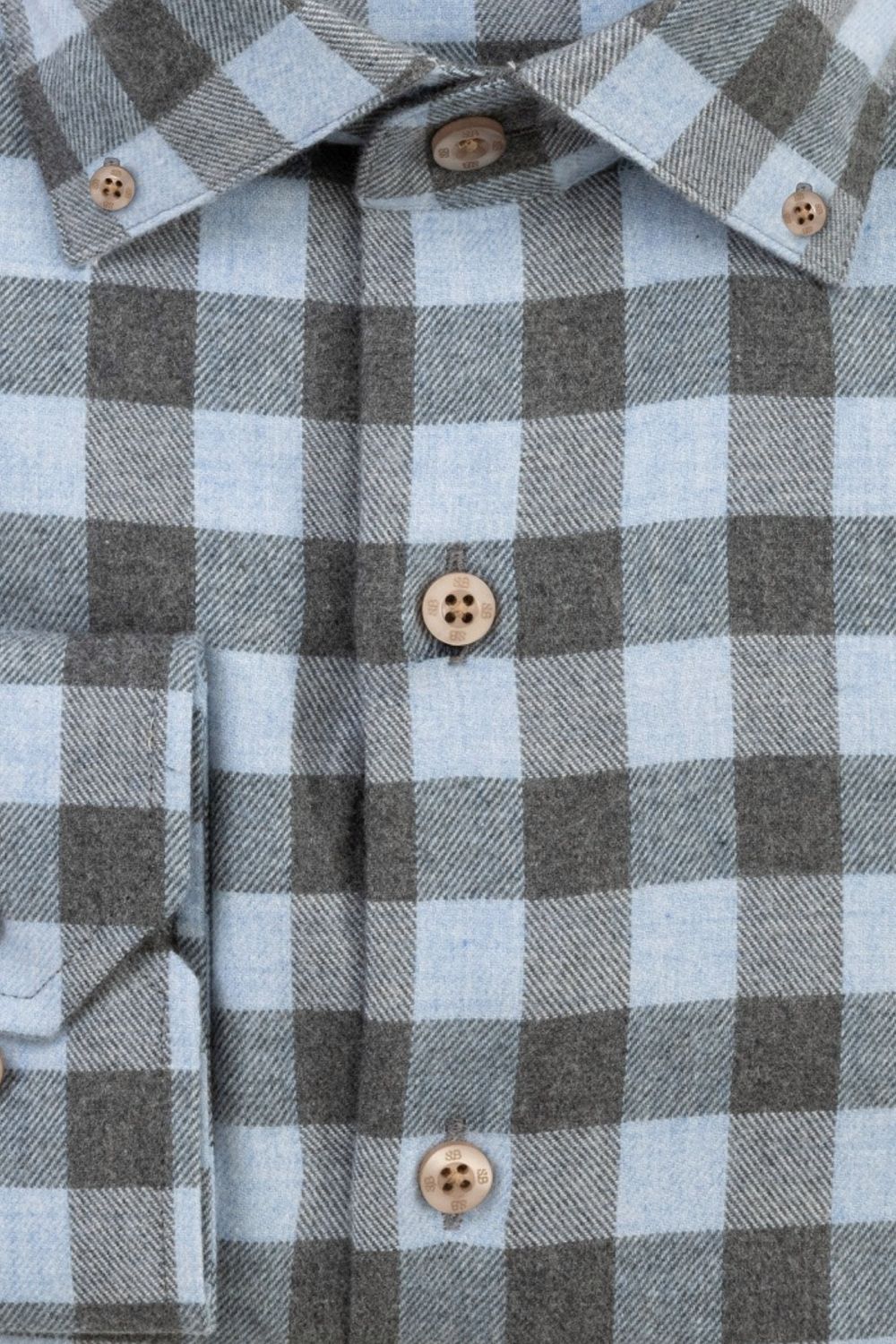 Italian Mélange Flannel Gingham Sport Shirt with Button Down Collar in Sky and Charcoal by Scott Barber