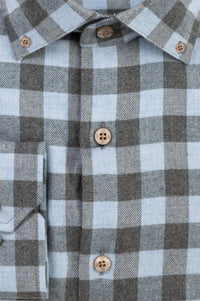 Italian Mélange Flannel Gingham Sport Shirt with Button Down Collar in Sky and Charcoal by Scott Barber