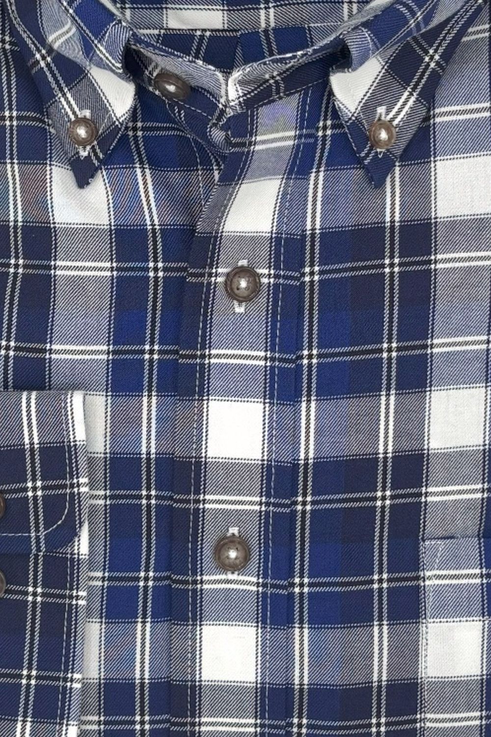 Blue, White, and Charcoal Plaid Cotton and Wool Blend Button-Down Shirt by Viyella