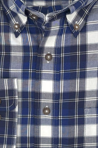 Blue, White, and Charcoal Plaid Cotton and Wool Blend Button-Down Shirt by Viyella