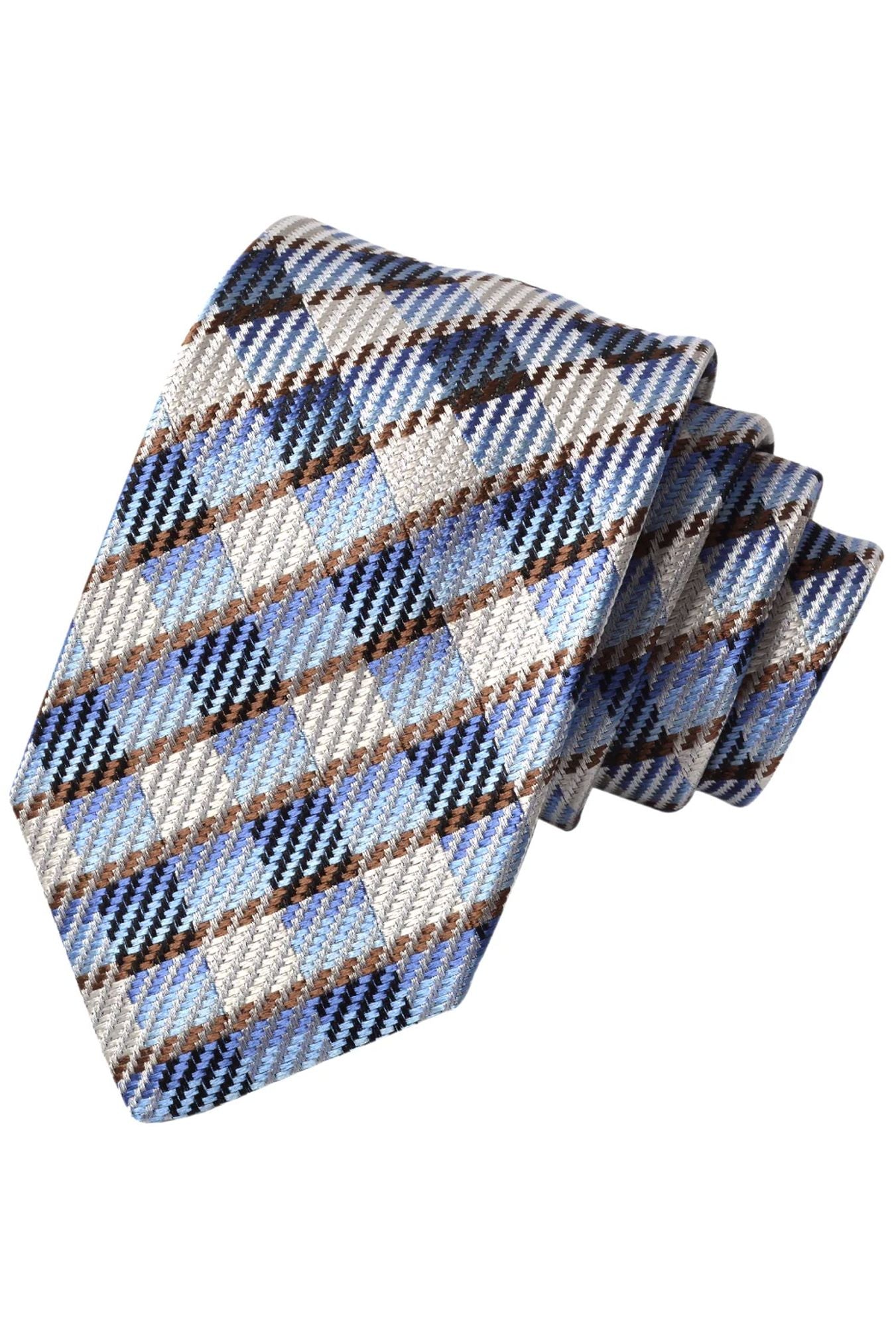 Mocha, Marine, Royal, and Latte Herringbone Plaid Italian Silk Woven Jacquard Tie by Dion Neckwear