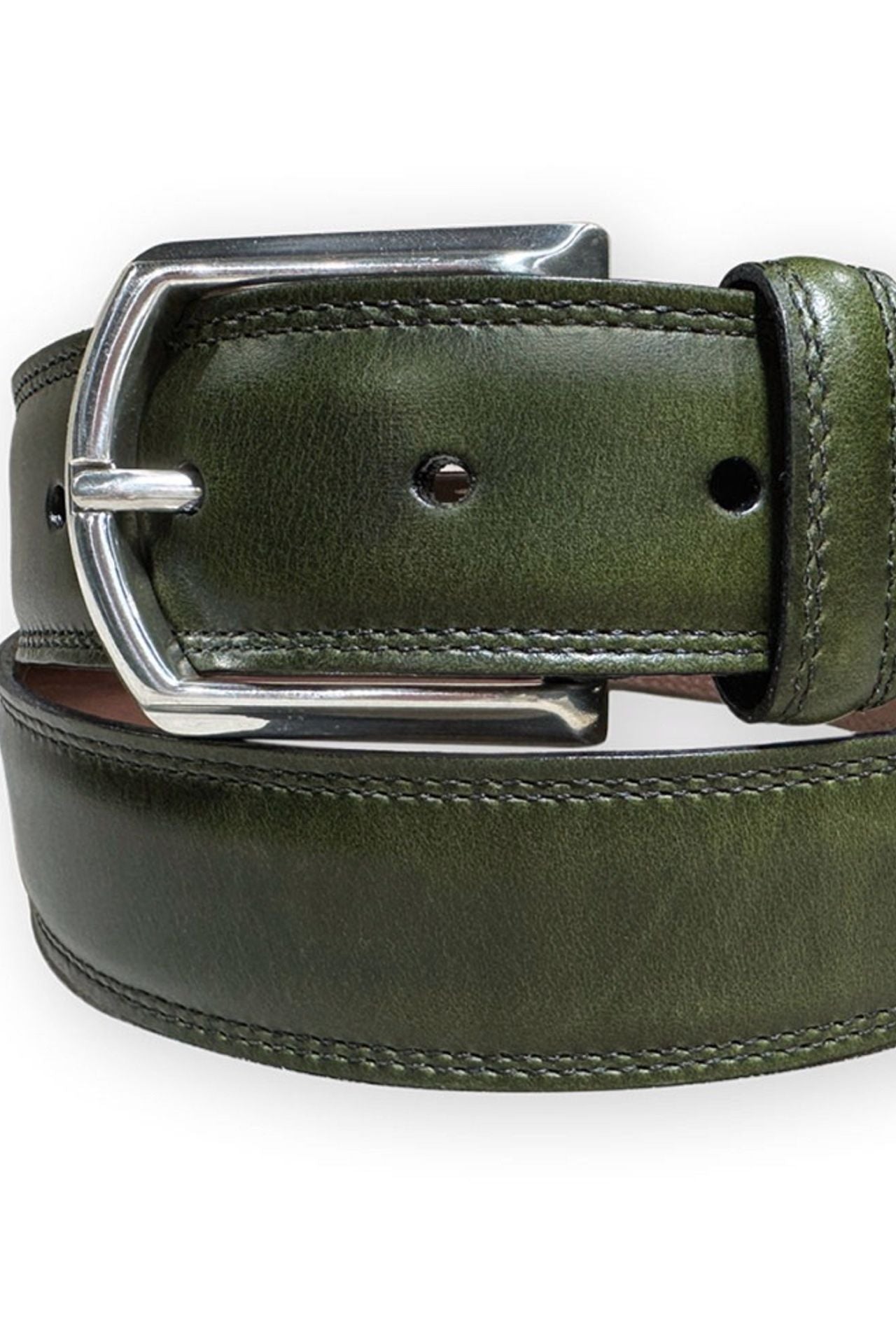 Contrast Stitched Padded Calfskin Belt in Olive Green by Torino Leather