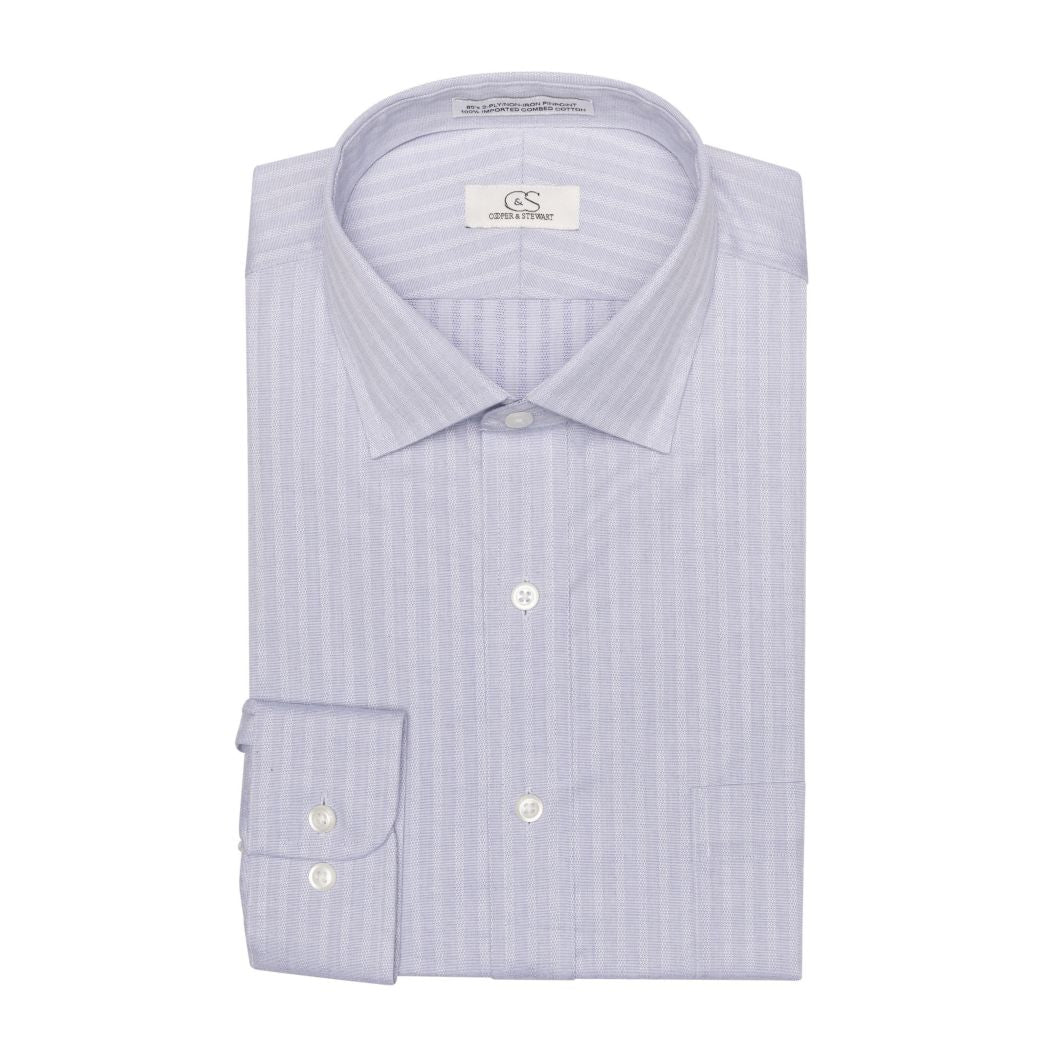 Tonal Grey-Blue Text Dobby Stripe Wrinkle-Free Cotton Dress Shirt by Cooper & Stewart