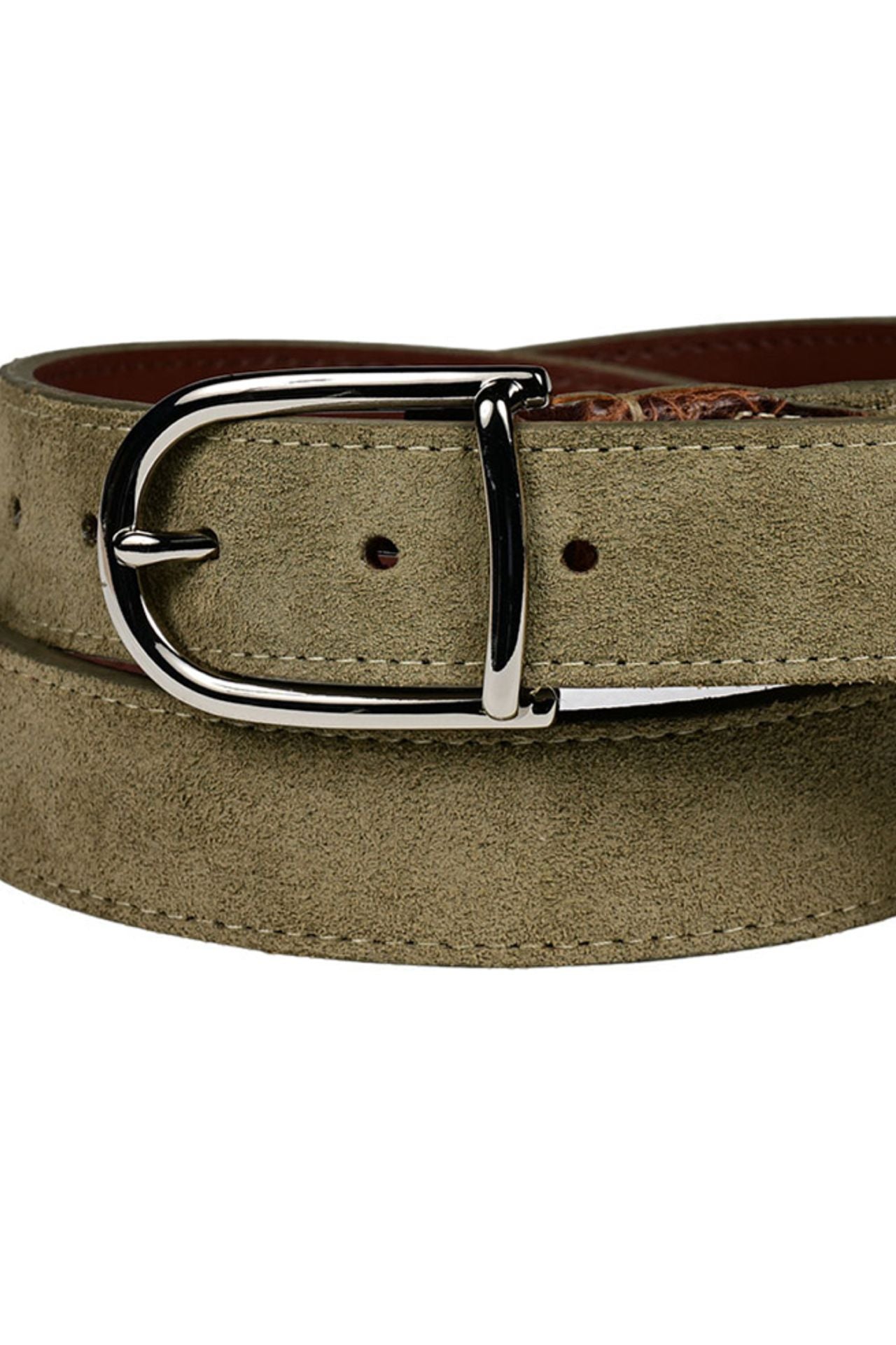 Sueded Calfskin Casual Belt with Crocodile-Embossed Calfskin Tabs in Light Olive by Torino Leather