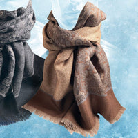 Italian Wool Reversible Scarf - Paisley to Chevron in Tan, Grey, and Beige by Dion