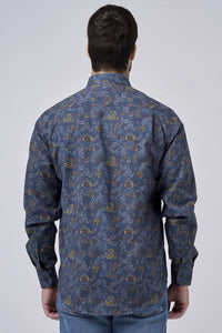 Navy and Gold Floral Paisley Print No-Iron Cotton Sport Shirt with Hidden Button Down Collar by Leo Chevalier