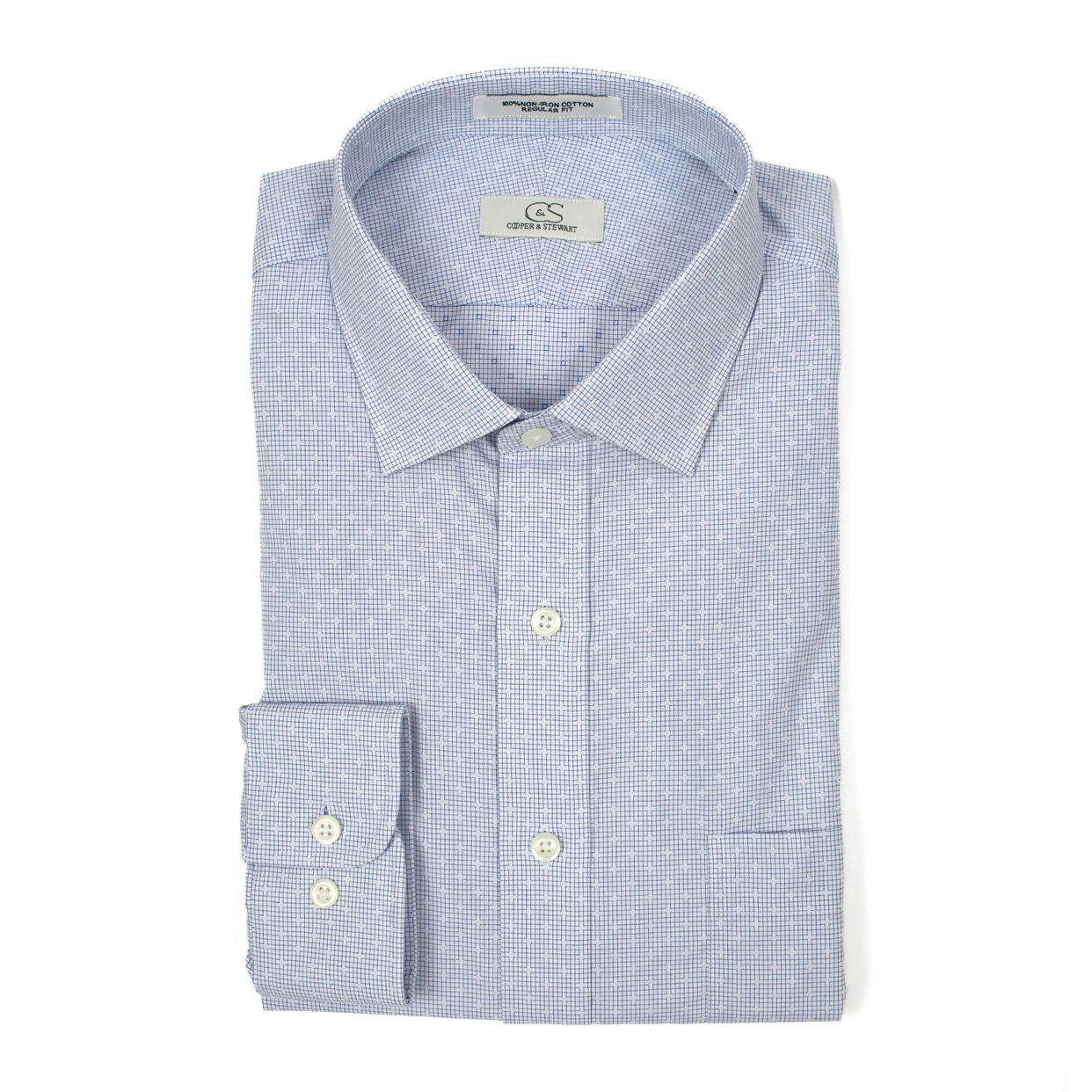 Blue Dobby on Graph Check Stretch Cotton Wrinkle-Free Dress Shirt with Spread Collar by Cooper & Stewart