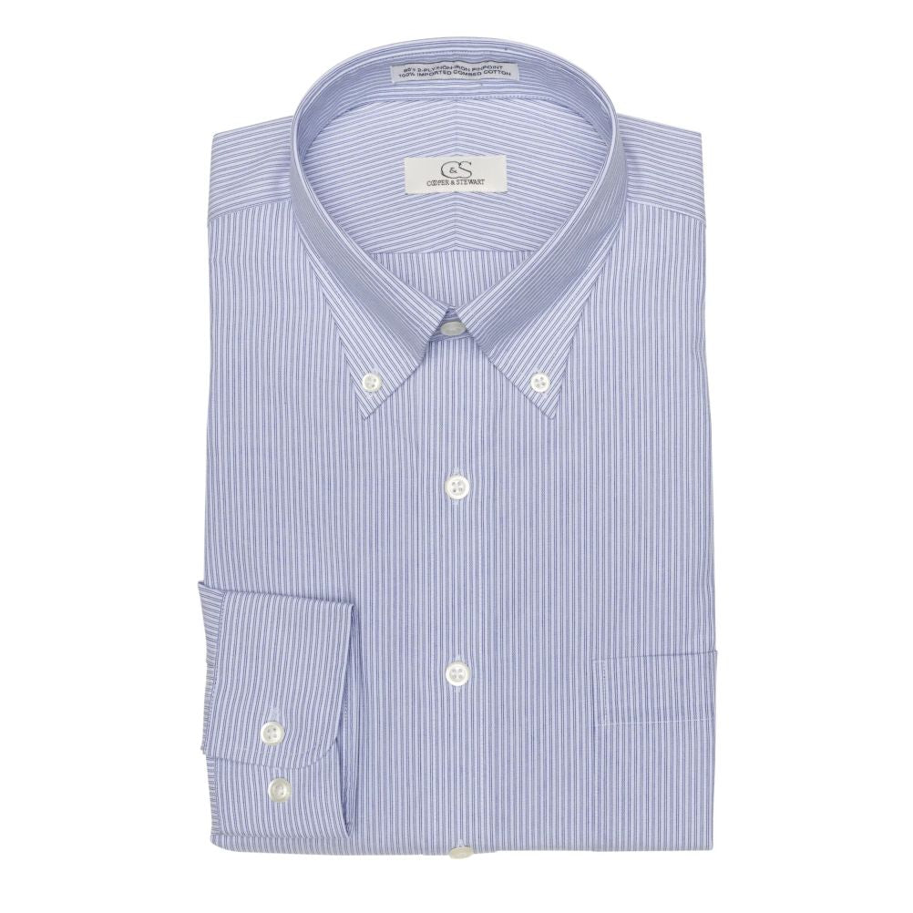 Blue Double Line Stripe Cotton Dress Shirt with Button-Down Collar (Tailored and Tailored Tall Fits) by Cooper & Stewart