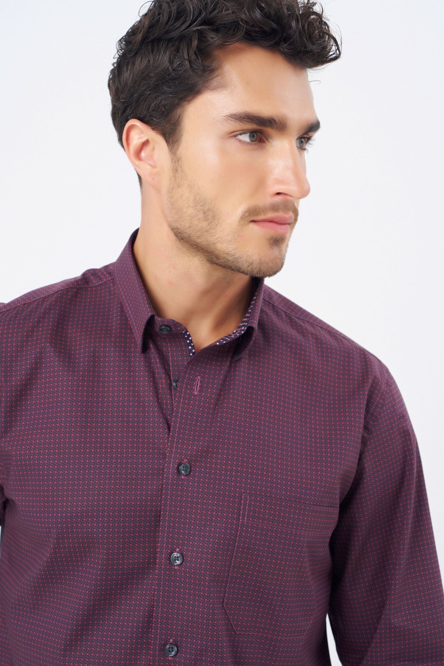 Burgundy, Black, and Wine Geometric Cotton Sport Shirt with Hidden Button Down Collar by Leo Chevalier