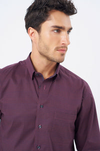 Burgundy, Black, and Wine Geometric Cotton Sport Shirt with Hidden Button Down Collar by Leo Chevalier