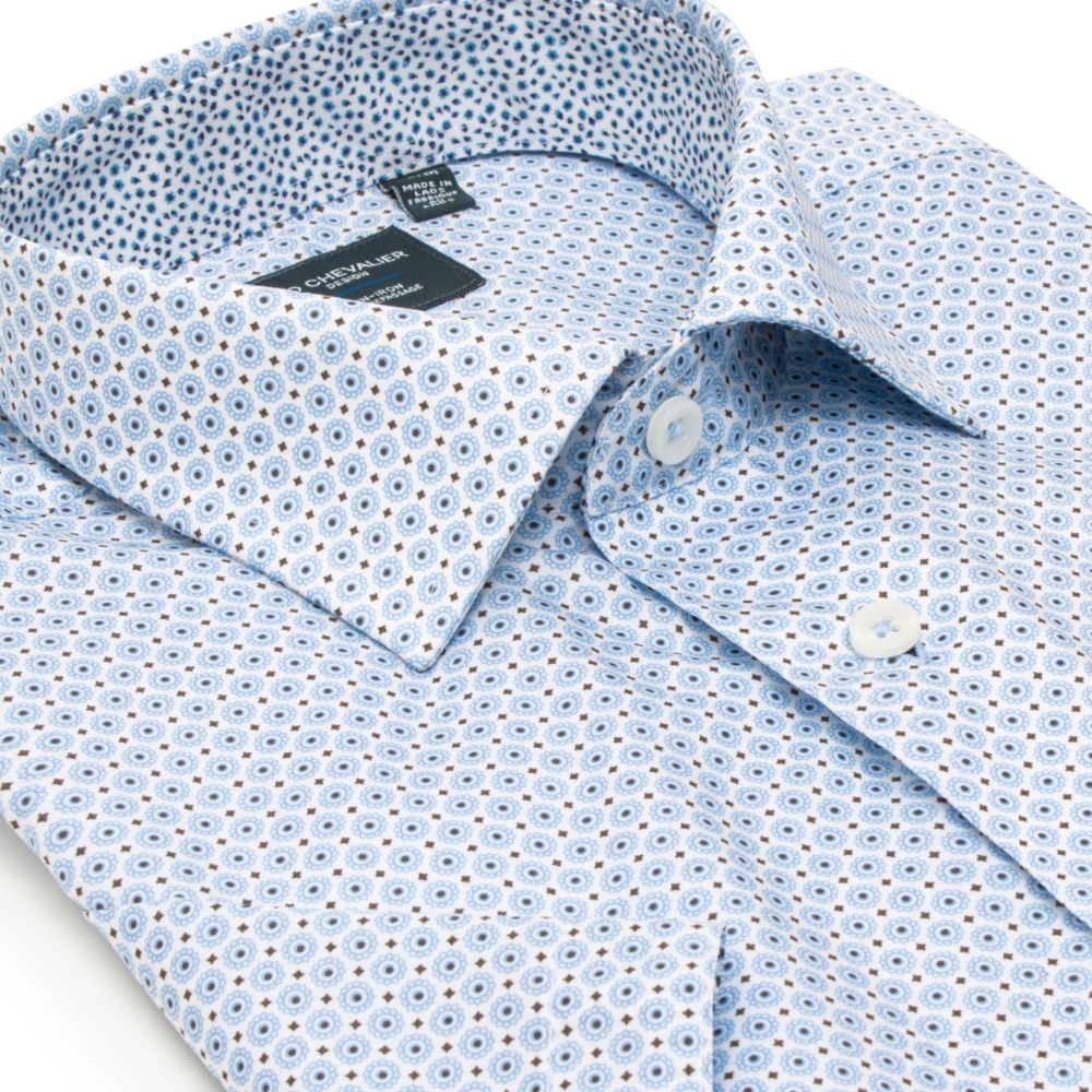 Blue and Brown Medallion Print No-Iron Cotton Short Sleeve Sport Shirt with Spread Collar by Leo Chevalier