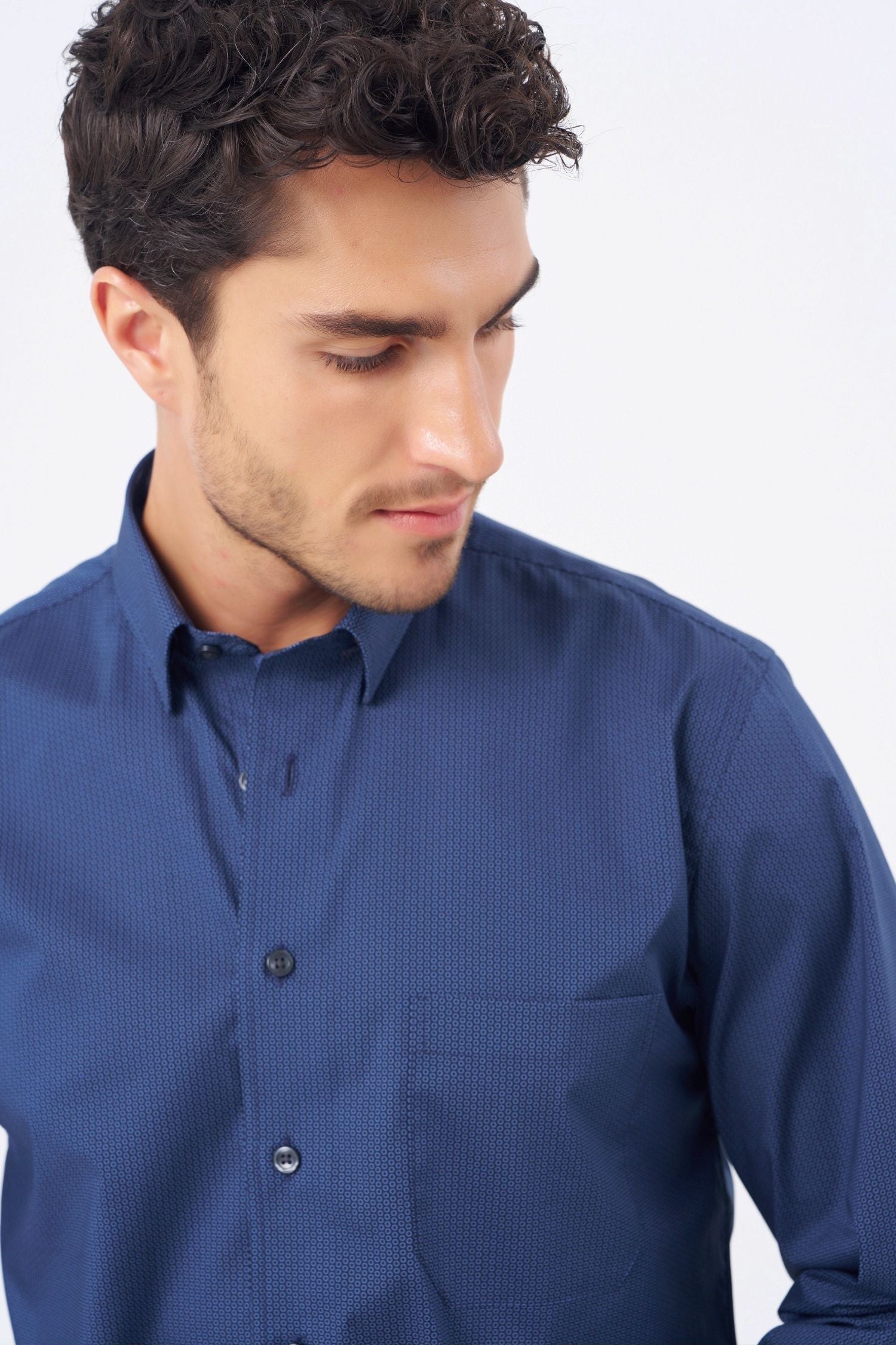 Navy and Blue Printed Circle Cotton Sport Shirt with Hidden Button Down Collar by Leo Chevalier