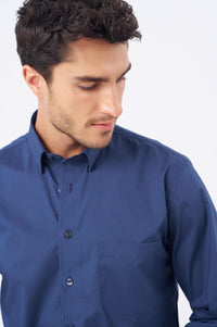 Navy and Blue Printed Circle Cotton Sport Shirt with Hidden Button Down Collar by Leo Chevalier