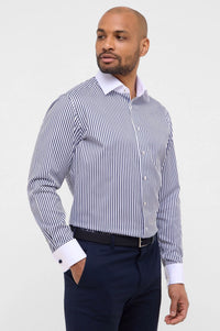 'Striped Sateen' in Navy with Contrast Collar and Cuff - Modern Fit - Two Ply Cotton Twill Dress Shirt with Kent Collar by Eterna 1863