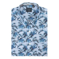 Sky Blue Palm Print Short Sleeve No-Iron Cotton Sport Shirt with Hidden Button Down Collar by Leo Chevalier