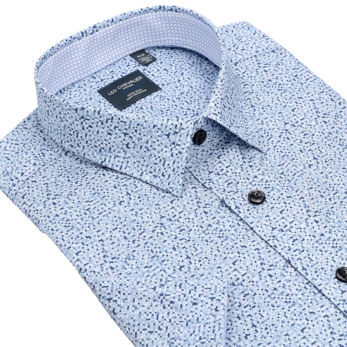 Sky Blue Geometric Print Short Sleeve No-Iron Cotton Sport Shirt with Hidden Button Down Collar by Leo Chevalier