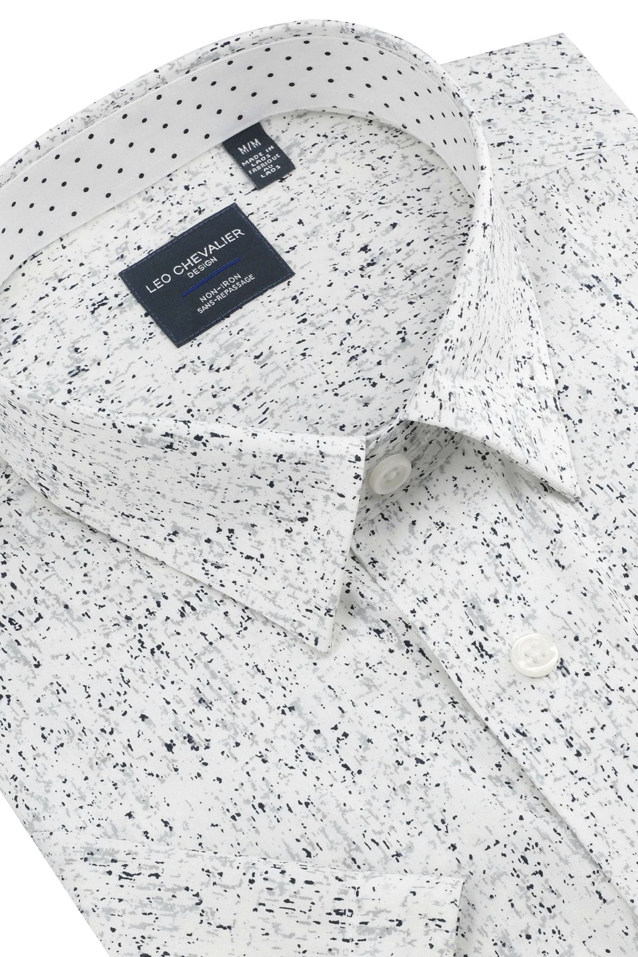 Grey and White Abstract Print Short Sleeve No-Iron Cotton Sport Shirt with Hidden Button Down Collar by Leo Chevalier