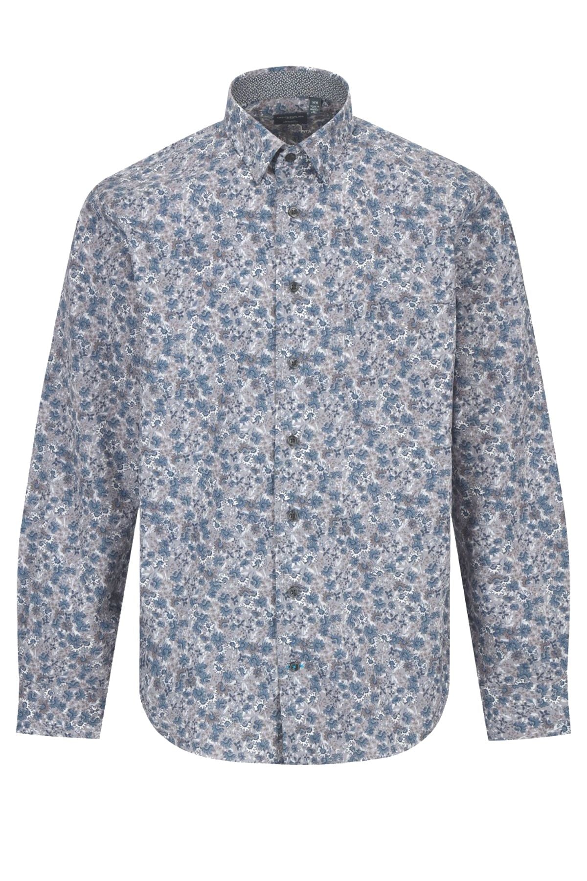 Grey and Blue Floral Print Cotton Sport Shirt with Hidden Button Down Collar by Leo Chevalier