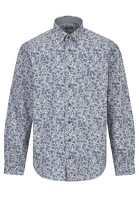 Grey and Blue Floral Print Cotton Sport Shirt with Hidden Button Down Collar by Leo Chevalier