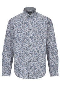 Grey and Blue Floral Print Cotton Sport Shirt with Hidden Button Down Collar by Leo Chevalier