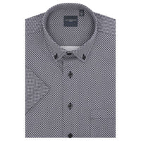 Navy Geometric Print Knit Short Sleeve Sport Shirt with Button Down Collar by Leo Chevalier