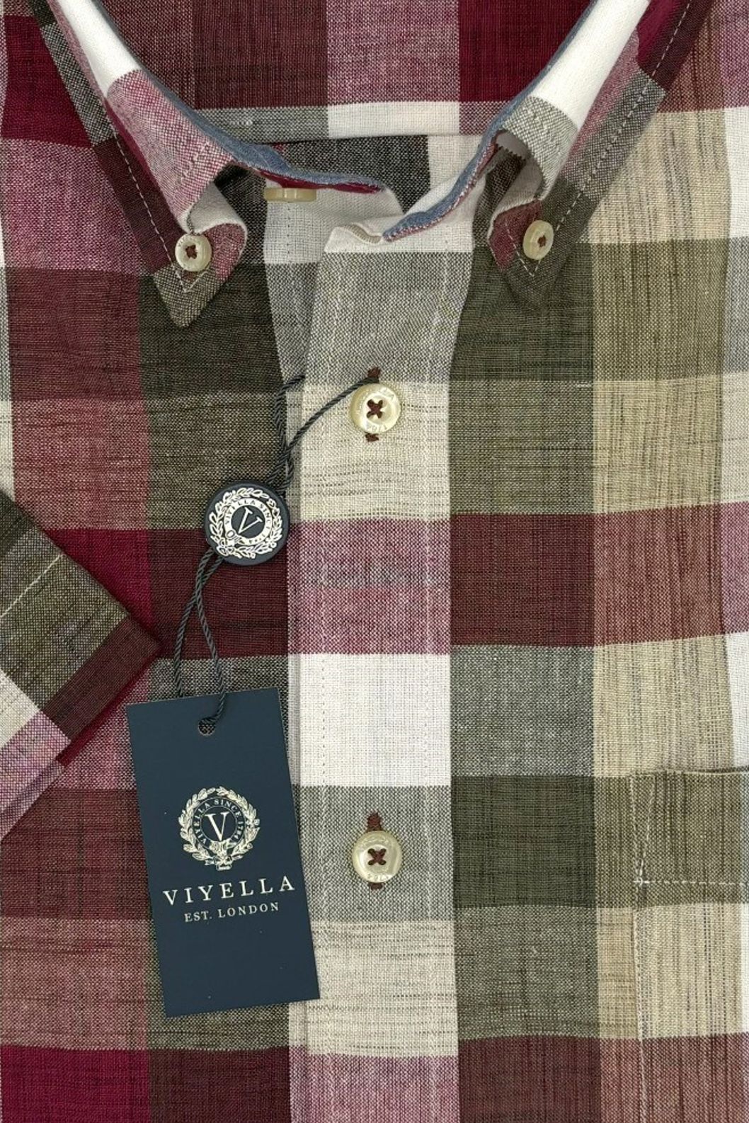 Cotton Madras Short Sleeve Cotton Sport Shirt in Burgundy, Sage, and Cream Plaid by Viyella